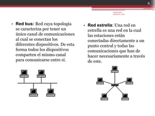 • Red bus: Red cuya topología
se caracteriza por tener un
único canal de comunicaciones
al cual se conectan los
diferentes dispositivos. De esta
forma todos los dispositivos
comparten el mismo canal
para comunicarse entre sí.
• Red estrella: Una red en
estrella es una red en la cual
las estaciones están
conectadas directamente a un
punto central y todas las
comunicaciones que han de
hacer necesariamente a través
de este.
Wednesday,
March 22, 2017
6
 
