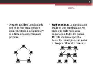 • Red en anillo: Topología de
red en la que cada estación
está conectada a la siguiente y
la última está conectada a la
primera.
• Red en malla: La topología en
malla es una topología de red
en la que cada nodo está
conectado a todos los nodos.
De esta manera es posible
llevar los mensajes de un nodo
a otro por diferentes caminos.
Wednesday,
March 22, 2017
7
 