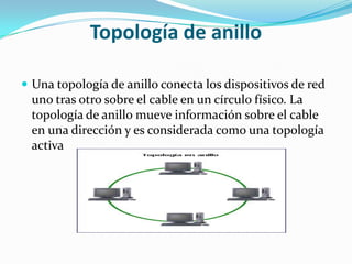 Topología de anillo

 Una topología de anillo conecta los dispositivos de red
 uno tras otro sobre el cable en un círculo físico. La
 topología de anillo mueve información sobre el cable
 en una dirección y es considerada como una topología
 activa
 