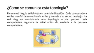 ¿Como se comunica esta topologia?
En una red ring, la señal viaja en una sola dirección. Cada computadora
recibe la señal de su vecino de arriba y la envía a su vecino de abajo. La
red ring es considerada una topología activa, porque cada
computadora regenera la señal antes de enviarla a la próxima
computadora.
 