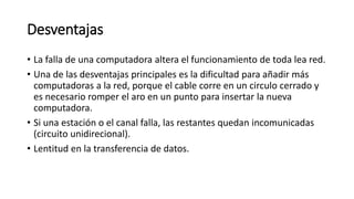 Desventajas
• La falla de una computadora altera el funcionamiento de toda lea red.
• Una de las desventajas principales es la dificultad para añadir más
computadoras a la red, porque el cable corre en un circulo cerrado y
es necesario romper el aro en un punto para insertar la nueva
computadora.
• Si una estación o el canal falla, las restantes quedan incomunicadas
(circuito unidirecional).
• Lentitud en la transferencia de datos.
 