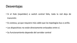 Desventajas
• Si el Hub (repetidor) o switch central falla, toda la red deja de
transmitir.
• Es costosa, ya que requiere más cable que las topologías bus o anillo.
• Los dispositivos no están directamente enlazados entre sí.
• Su funcionamiento depende del servidor central
 
