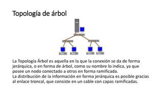 Topología de árbol
La Topología Árbol es aquella en la que la conexión se da de forma
jerárquica, o en forma de árbol, como su nombre lo indica, ya que
posee un nodo conectado a otros en forma ramificada.
La distribución de la información en forma jerárquica es posible gracias
al enlace troncal, que consiste en un cable con capas ramificadas.
 