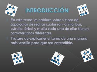  En este tema les hablare sobre 5 tipos de
topologías de red las cuales son: anillo, bus,
estrella, árbol y malla cada una de ellas tienen
características diferentes.
 Tratare de explicarles el tema de una manera
más sencilla para que sea entendible.
 