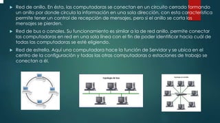  Red de anillo. En ésta, las computadoras se conectan en un circuito cerrado formando
un anillo por donde circula la información en una sola dirección, con esta característica
permite tener un control de recepción de mensajes, pero si el anillo se corta los
mensajes se pierden.
 Red de bus o canales. Su funcionamiento es similar a la de red anillo, permite conectar
las computadoras en red en una sola línea con el fin de poder identificar hacia cuál de
todas las computadoras se esté eligiendo.
 Red de estrella. Aquí una computadora hace la función de Servidor y se ubica en el
centro de la configuración y todas las otras computadoras o estaciones de trabajo se
conectan a él.
 