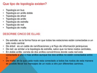 Que tipo de topología existen?
• Topología en bus
• Topología en anillo doble
• Topología de árbol
• Topología de anillo
• Topología de estrella
• Topología de red
• Topología de malla
DESCRIBE CINCO DE ELLAS:
• De estrella: es la forma física en que todas las estaciones están conectadas a un
solo nodo central.
• De árbol: es un cable de ramificaciones y el flujo de información jerárquicas
• De red: es similar a la topología de estrella, salvo que no tiene nodos centrales.
• En doble anillo: consta de dos anillos concéntricos donde cada red esta
conectada a uno o mas anillos aunque los dos anillos no estén conectados entre
si.
• De malla: en la que cada nodo esta conectado a todos los nodos de esta manera
es posible llevar los mensajes de un nodo a otro por diferentes caminos.
 