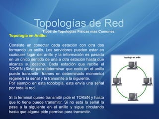 Topologías de Red
Tipos de Topologías Físicas mas Comunes:
Topología en Anillo:
Consiste en conectar cada estación con otra dos
formando un anillo. Los servidores pueden estar en
cualquier lugar del anillo y la información es pasada
en un único sentido de una a otra estación hasta que
alcanza su destino. Cada estación que recibe el
TOKEN (Sirve para determinar que nodo en el anillo
puede transmitir frames en determinado momento)
regenera la señal y la transmite a la siguiente.
Por ejemplo en esta topología, esta envía una señal
por toda la red.
Si la terminal quiere transmitir pide el TOKEN y hasta
que lo tiene puede transmitir. Si no está la señal la
pasa a la siguiente en el anillo y sigue circulando
hasta que alguna pide permiso para transmitir.
 