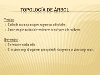 TOPOLOGÍA DE ÁRBOL
Ventajas:
 Cableado punto a punto para segmentos individuales.

 Soportado por multitud de vendedores de software y de hardware.



Desventajas:
 Se requiere mucho cable.

 Si se viene abajo el segmento principal todo el segmento se viene abajo con él.
 