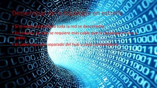 Desventajas de la topología en estrella
• Si el nodo central falla toda la red se desconecta
• Es costosa, ya que se requiere mas cable que la topología en bus y
anillo
• El cable viaja por separado del hub a cada computadora
 