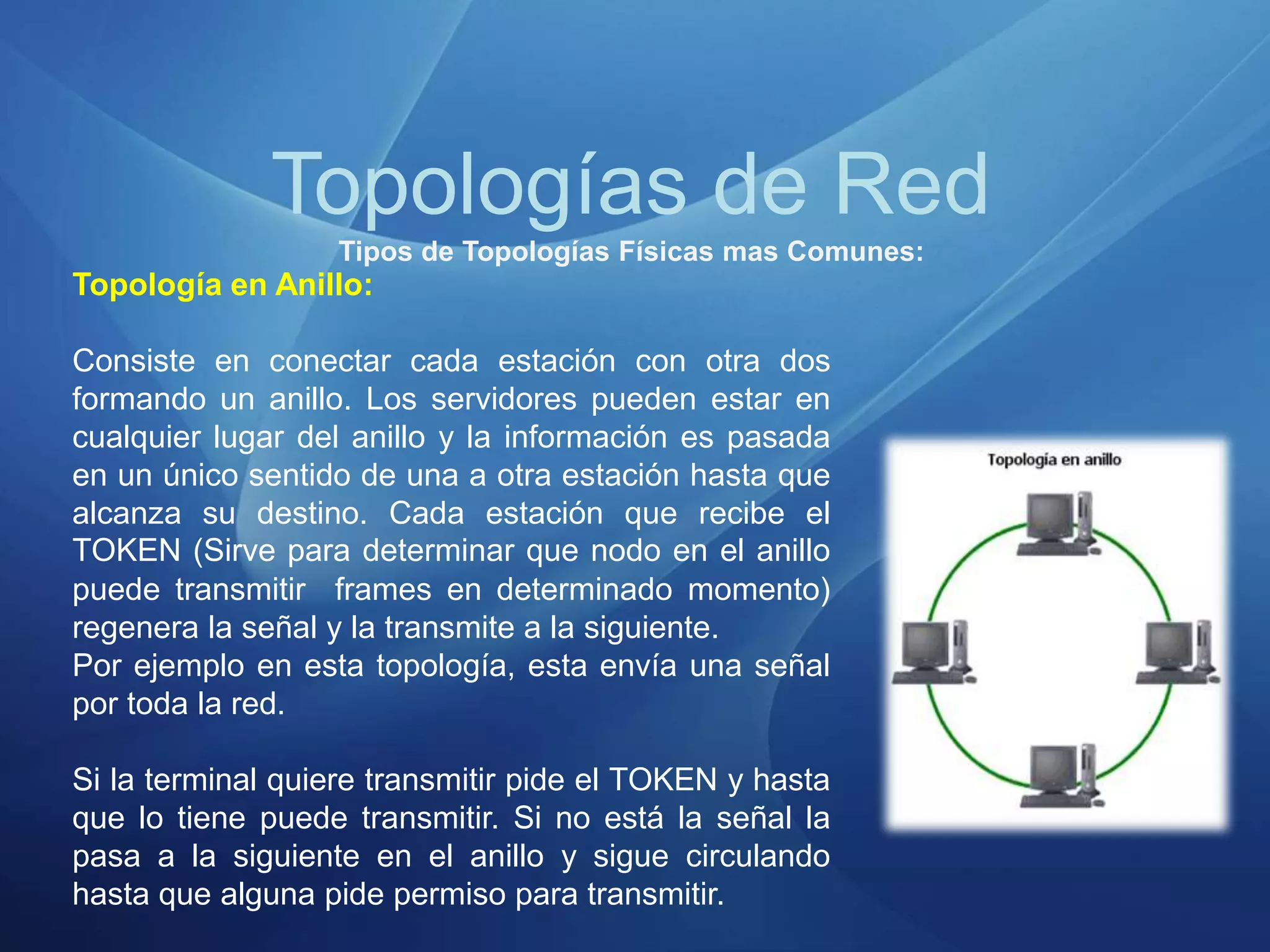 Topologías de Red
Tipos de Topologías Físicas mas Comunes:
Topología en Anillo:
Consiste en conectar cada estación con otra dos
formando un anillo. Los servidores pueden estar en
cualquier lugar del anillo y la información es pasada
en un único sentido de una a otra estación hasta que
alcanza su destino. Cada estación que recibe el
TOKEN (Sirve para determinar que nodo en el anillo
puede transmitir frames en determinado momento)
regenera la señal y la transmite a la siguiente.
Por ejemplo en esta topología, esta envía una señal
por toda la red.
Si la terminal quiere transmitir pide el TOKEN y hasta
que lo tiene puede transmitir. Si no está la señal la
pasa a la siguiente en el anillo y sigue circulando
hasta que alguna pide permiso para transmitir.
 