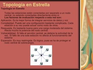Topología en Estrella   Topología en Estrella   Todas las estaciones están conectadas por separado a un nodo central, no estando conectadas directamente entre sí. Los factores de evaluación respecto a esta red son:   Aplicación. Es la mejor forma de integrar servicios de datos y voz  Complejidad. Puede ser una configuración bastante complicada. Cada estación a su vez puede actuar como nodo de otras.  Respuesta. Es bastante buena para una carga moderada del sistema. Afecta mucho la potencia del nodo central.  Vulnerabilidad. Si falla el servidor central, se detiene la actividad de la red.. El fallo de una sola estación no afecta al funcionamiento del sistema  Expansión. Es muy restringida. Es lógico, pues se ha de proteger el nodo central de sobrecargas.  