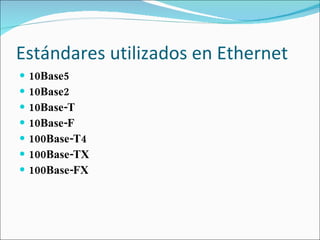Estándares utilizados en Ethernet 10Base5 10Base2 10Base-T 10Base-F 100Base-T4 100Base-TX 100Base-FX 