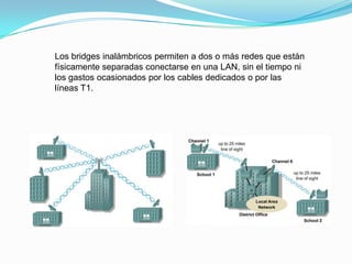 Los bridges inalámbricos permiten a dos o más redes que están
físicamente separadas conectarse en una LAN, sin el tiempo ni
los gastos ocasionados por los cables dedicados o por las
líneas T1.
 