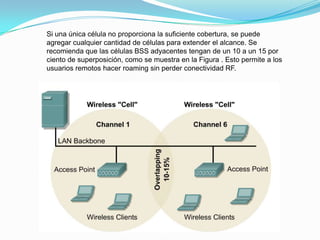 Si una única célula no proporciona la suficiente cobertura, se puede
agregar cualquier cantidad de células para extender el alcance. Se
recomienda que las células BSS adyacentes tengan de un 10 a un 15 por
ciento de superposición, como se muestra en la Figura . Esto permite a los
usuarios remotos hacer roaming sin perder conectividad RF.
 