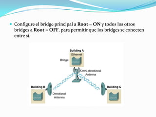  Configure el bridge principal a Root = ON y todos los otros
bridges a Root = OFF, para permitir que los bridges se conecten
entre sí.
 