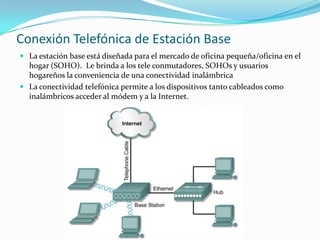 Conexión Telefónica de Estación Base
 La estación base está diseñada para el mercado de oficina pequeña/oficina en el
hogar (SOHO). Le brinda a los tele conmutadores, SOHOs y usuarios
hogareños la conveniencia de una conectividad inalámbrica
 La conectividad telefónica permite a los dispositivos tanto cableados como
inalámbricos acceder al módem y a la Internet.
 