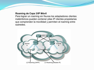 Roaming de Capa 3/IP Móvil
Para lograr un roaming sin fisuras los adaptadores clientes
inalámbricos pueden contener pilas IP clientes propietarias
que comprenden la movilidad y permiten el roaming entre
subredes.
 