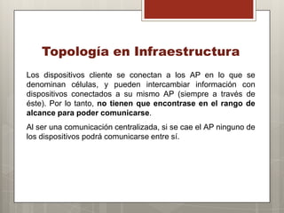 Topología en Infraestructura
Los dispositivos cliente se conectan a los AP en lo que se
denominan células, y pueden intercambiar información con
dispositivos conectados a su mismo AP (siempre a través de
éste). Por lo tanto, no tienen que encontrase en el rango de
alcance para poder comunicarse.
Al ser una comunicación centralizada, si se cae el AP ninguno de
los dispositivos podrá comunicarse entre sí.
 