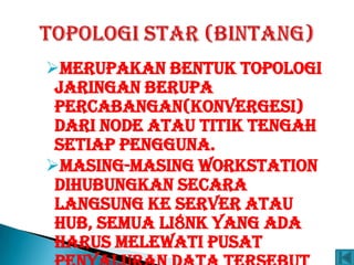 Merupakan bentuk topologi
 jaringan berupa
 percabangan(konvergesi)
 dari node atau titik tengah
 setiap pengguna.
Masing-masing workstation
 dihubungkan secara
 langsung ke server atau
 hub, semua li8nk yang ada
 harus melewati pusat
 