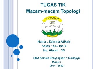 TUGAS TIK
Macam-macam Topologi
Nama : Zahrina Atikah
Kelas : XI – Ips 5
No. Absen : 35
SMA Kemala Bhayangkari 1 Surabaya
Mapel :
2011 - 2012
 