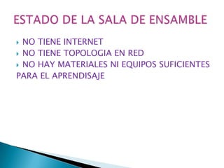 NO TIENE INTERNET NO TIENE TOPOLOGIA EN RED NO HAY MATERIALES NI EQUIPOS SUFICIENTESPARA EL APRENDISAJEESTADO DE LA SALA DE ENSAMBLE