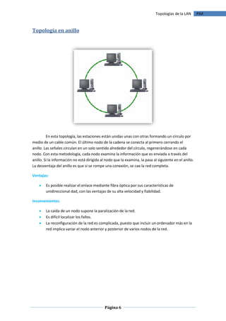 Topologías de la LAN       PAX



Topología en anillo




         En esta topología, las estaciones están unidas unas con otras formando un círculo por
medio de un cable común. El último nodo de la cadena se conecta al primero cerrando el
anillo. Las señales circulan en un solo sentido alrededor del círculo, regenerándose en cada
nodo. Con esta metodología, cada nodo examina la información que es enviada a través del
anillo. Si la información no está dirigida al nodo que la examina, la pasa al siguiente en el anillo.
La desventaja del anillo es que si se rompe una conexión, se cae la red completa.

Ventajas:

       Es posible realizar el enlace mediante fibra óptica por sus características de
        unidireccional dad, con las ventajas de su alta velocidad y fiabilidad.

Inconvenientes:

       La caída de un nodo supone la paralización de la red.
       Es difícil localizar los fallos.
       La reconfiguración de la red es complicada, puesto que incluir un ordenador más en la
        red implica variar el nodo anterior y posterior de varios nodos de la red.




                                             Página 6
 