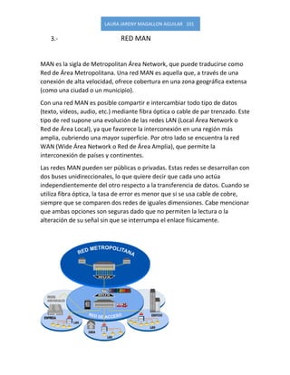 LAURA JARENY MAGALLON AGUILAR 101 
3.- RED MAN 
MAN es la sigla de Metropolitan Área Network, que puede traducirse como Red de Área Metropolitana. Una red MAN es aquella que, a través de una conexión de alta velocidad, ofrece cobertura en una zona geográfica extensa (como una ciudad o un municipio). 
Con una red MAN es posible compartir e intercambiar todo tipo de datos (texto, vídeos, audio, etc.) mediante fibra óptica o cable de par trenzado. Este tipo de red supone una evolución de las redes LAN (Local Área Network o Red de Área Local), ya que favorece la interconexión en una región más amplia, cubriendo una mayor superficie. Por otro lado se encuentra la red WAN (Wide Área Network o Red de Área Amplia), que permite la interconexión de países y continentes. 
Las redes MAN pueden ser públicas o privadas. Estas redes se desarrollan con dos buses unidireccionales, lo que quiere decir que cada uno actúa independientemente del otro respecto a la transferencia de datos. Cuando se utiliza fibra óptica, la tasa de error es menor que si se usa cable de cobre, siempre que se comparen dos redes de iguales dimensiones. Cabe mencionar que ambas opciones son seguras dado que no permiten la lectura o la alteración de su señal sin que se interrumpa el enlace físicamente. 
 
