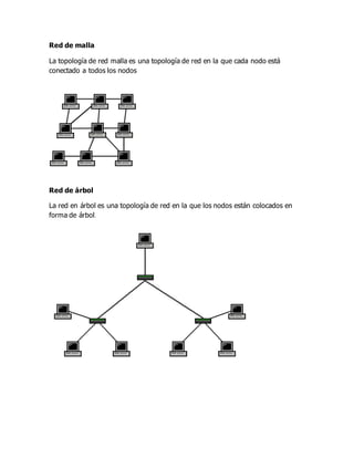 Red de malla
La topología de red malla es una topología de red en la que cada nodo está
conectado a todos los nodos
Red de árbol
La red en árbol es una topología de red en la que los nodos están colocados en
forma de árbol.
 