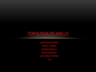 CAROLINA ESCOBAR
MIGUEL SUAREZ
WILMAR BONILLA
PAULA VALENCIA
JUAN PABLO TORREZ
10-3
TOPOLOGIA DE ANILLO
 