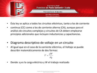 Ésta ley se aplica a todos los circuitos eléctricos, tanto a los de corriente continua (CC) como a los de corriente alterna (CA), aunque para el análisis de circuitos complejos y circuitos de CA deben emplearse principios adicionales que incluyen inductancias y capacitancias. Diagrama descriptivo de voltaje en un circuito Al igual que en el caso de la corriente eléctrica, el Voltaje se puede describir matemáticamente de dos formas: Donde: q es la carga eléctrica y W el trabajo realizado Topología de Circuitos Electrónica General Ángela María Guerrero B. 