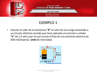 EJEMPLO 1 Calcular el valor de la resistencia  "R"  en ohm de una carga conectada a un circuito eléctrico cerrado que tiene aplicada una tensión o voltaje  "V"  de 1,5 volt y por el cual circula el flujo de una corriente eléctrica de 500 miliamperios  (mA)  de intensidad. LEY DE OHM Electrónica General Ángela María Guerrero B. 