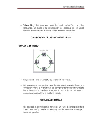 Herramientas Telemáticas




     Token Ring: Consiste en conectar cada estación con otra,
     formando un anillo y la información es pasada en un único
     sentido de una a otra estación hasta alcanzar su destino.


             CLASIFICACION DE LAS TOPOLOGIAS DE RED



TOPOLOGIA EN ANILLO




   Simplicidad en la arquitectura y facilidad de fluidez.

   Los equipos se comunican por turnos, cada equipo tiene una
    dirección única, el mansaje va de computadora en computadora
    hasta llegar a su destino, si algún nodo de la red se cae, la
    comunicación en todo el anillo se pierde.


                       TOPOLOGIA DE ESTRELLA


     Los equipos se comunican a través de un Hub, la señal pasa de la
     tarjeta red (NIC) que es la encargada de enviar el mensaje a
     todos los puertos.
 