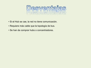 • Si el Hub se cae, la red no tiene comunicación.
• Requiere más cable que la topología de bus.
• Se han de comprar hubs o concentradores.
 