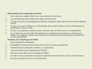 * Desventajas de la topologia de Anillo:
1. Una ruptura de cable o fallo de un nodo afecta a toda la red.
2. La topología de anillo utiliza más cable que la de bus.
3. En algunos tipos de topologías de anillo es necesario bajar todo el sistema para agregar
nodos.
4. Posee una mayor lentitud en la transmisión de la señal, debido a que la información es
repartida por todo el anillo.
5. Si bien una topología cuesta un poco más que otra, la diferencia no es significativa.
6. Los costos de una red están afectados por la selección de hardware y media que se
hagan. De cualquier manera se recomienda la utilización de la topología de estrella por
su maniobrabilidad.
* Ventajas de la topología de Anillo:
1. Gran facilidad de instalación
2. Posibilidad de desconectar elementos de red sin causar problemas.
3. Facilidad para la detección de fallo y su reparación.
4. Inconvenientes de la Topología de Estrella.
5. Requiere más cable que la topología de BUS.
6. Un fallo en el concentrador provoca el aislamiento de todos los nodos a él conectados.
7. Se han de comprar hubs o concentradores.
 