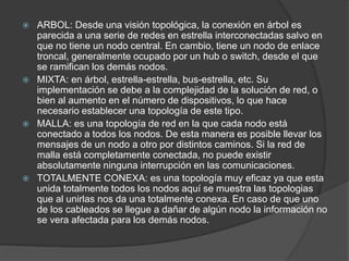  ARBOL: Desde una visión topológica, la conexión en árbol es
parecida a una serie de redes en estrella interconectadas salvo en
que no tiene un nodo central. En cambio, tiene un nodo de enlace
troncal, generalmente ocupado por un hub o switch, desde el que
se ramifican los demás nodos.
 MIXTA: en árbol, estrella-estrella, bus-estrella, etc. Su
implementación se debe a la complejidad de la solución de red, o
bien al aumento en el número de dispositivos, lo que hace
necesario establecer una topología de este tipo.
 MALLA: es una topología de red en la que cada nodo está
conectado a todos los nodos. De esta manera es posible llevar los
mensajes de un nodo a otro por distintos caminos. Si la red de
malla está completamente conectada, no puede existir
absolutamente ninguna interrupción en las comunicaciones.
 TOTALMENTE CONEXA: es una topología muy eficaz ya que esta
unida totalmente todos los nodos aquí se muestra las topologias
que al unirlas nos da una totalmente conexa. En caso de que uno
de los cableados se llegue a dañar de algún nodo la información no
se vera afectada para los demás nodos.
 