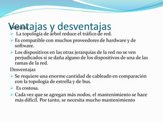 Ventajas y desventajas
Ventajas
 La topología de árbol reduce el tráfico de red.
 Es compatible con muchos proveedores de hardware y de
software.
 Los dispositivos en las otras jerarquías de la red no se ven
perjudicados si se daña alguno de los dispositivos de una de las
ramas de la red.
Desventajas
 Se requiere una enorme cantidad de cableado en comparación
con la topología de estrella y de bus.
 Es costosa.
 Cada vez que se agregan más nodos, el mantenimiento se hace
más difícil. Por tanto, se necesita mucho mantenimiento
 
