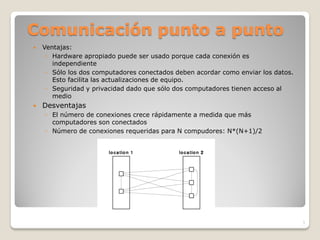 Comunicación punto a punto
   Ventajas:
     ◦ Hardware apropiado puede ser usado porque cada conexión es
       independiente
     ◦ Sólo los dos computadores conectados deben acordar como enviar los datos.
       Esto facilita las actualizaciones de equipo.
     ◦ Seguridad y privacidad dado que sólo dos computadores tienen acceso al
       medio
   Desventajas
    ◦ El número de conexiones crece rápidamente a medida que más
      computadores son conectados
    ◦ Número de conexiones requeridas para N compudores: N*(N+1)/2




                                                                                   3
 