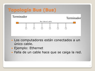 Topología Bus (Bus)
 Terminador                           Terminador




    Los computadores están conectados a un
     único cable.
    Ejemplo: Ethernet
    Falla de un cable hace que se caiga la red.



                                                   8
 