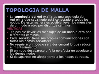 TOPOLOGIA DE MALLA
 La topología de red malla es una topología de
red en la que cada nodo está conectado a todos los
nodos. De esta manera es posible llevar los mensajes
de un nodo a otro por distintos caminos.
VENTAJAS
 Es posible llevar los mensajes de un nodo a otro por
diferentes caminos.
 Cada servidor tiene sus propias comunicaciones con
todos los demás servidores.
 No requiere un nodo o servidor central lo que reduce
el mantenimiento.
 Si un nodo desaparece o falla no afecta en absoluto a
los demás nodos.
 Si desaparece no afecta tanto a los nodos de redes.
 