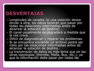 DESVENTAJAS
 Longitudes de canales (si una estación desea
enviar a otra, los datos tendrán que pasar por
todas las estaciones intermedias antes de
alcanzar la estación de destino).
 El canal usualmente se degradará a medida que
la red crece.
 Difícil de diagnosticar y reparar los problemas.
 Si se encuentra enviando un archivo podrá ser
visto por las estaciones intermedias antes de
alcanzar la estación de destino.
 La transmisión de datos es más lenta que en las
otras topologías (Estrella, Malla, Bus, etc.), ya
que la información debe pasar por todas las
 