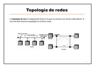 1
Topología de redes
La topología de red es la disposición física en la que se conecta una red de ordenadores. Si
una red tiene diversas topologías se la llama mixta.
 