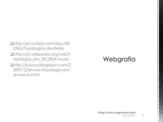 http://pt.scribd.com/doc/40
 2365/Topologias-de-Rede
http://pt.wikipedia.org/wiki/T
 opologia_em_%C3%A1rvore
http://luisrua.blogspot.com/2
 009/12/arvore-topologia-em-
 arvore-e.html




                                  Diogo Costa e Miguel Machado
                                                     20/10/2011   9
 