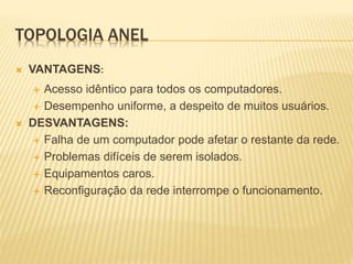 TOPOLOGIA ANEL
 VANTAGENS:
 Acesso idêntico para todos os computadores.
 Desempenho uniforme, a despeito de muitos usuários.
 DESVANTAGENS:
 Falha de um computador pode afetar o restante da rede.
 Problemas difíceis de serem isolados.
 Equipamentos caros.
 Reconfiguração da rede interrompe o funcionamento.
 