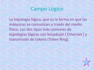 Campo Lógico
La topología lógica, que es la forma en que las
máquinas se comunican a través del medio
físico. Los dos tipos más comunes de
topologías lógicas son broadcast ( Ethernet ) y
transmisión de tokens (Token Ring).
 