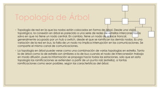 Topología de Árbol
◦ Topología de red en la que los nodos están colocados en forma de árbol. Desde una visión
topológica, la conexión en árbol es parecida a una serie de redes de estrellas interconectadas
salvo en que no tiene un nodo central. En cambio, tiene un nodo de enlace troncal,
generalmente ocupado por un hub o switch, desde el que se ramifican los demás nodos. Es una
variación de la red en bus, la falla de un nodo no implica interrupción en las comunicaciones. Se
comparte el mismo canal de comunicaciones.
◦ La topología en árbol puede verse como una combinación de varias topologías en estrella. Tanto
la de árbol como la de estrella son similares a la de bus cuando el nodo de interconexión trabaja
en modo difusión, pues la información se propaga hacia todas las estaciones, solo que en esta
topología las ramificaciones se extienden a partir de un punto raíz (estrella), a tantas
ramificaciones como sean posibles, según las características del árbol.

 