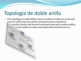 Topologia de doble anillo
 Una topología en anillo doble como su nombre lo indica en vez de solo

tener un anillo tiene dos anillos concéntricos para trasmitir la
información, donde cada host de la red está conectado a ambos anillos,
aunque los dos anillos no están conectados directamente entre sí.

 