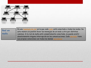 Red en
malla
Es una topología de red en la que cada nodo está conectado a todos los nodos. De
esta manera es posible llevar los mensajes de un nodo a otro por distintos
caminos. Si la red de malla está completamente conectada, no puede existir
absolutamente ninguna interrupción en las comunicaciones. Cada servidor tiene
sus propias conexiones con todos los demás servidores
 