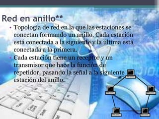 Red en anillo**
• Topología de red en la que las estaciones se
conectan formando un anillo. Cada estación
está conectada a la siguiente y la última está
conectada a la primera.
• Cada estación tiene un receptor y un
transmisor que hace la función de
repetidor, pasando la señal a la siguiente
estación del anillo.
 