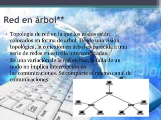 Red en árbol**
• Topología de red en la que los nodos están
colocados en forma de árbol. Desde una visión
topológica, la conexión en árbol es parecida a una
serie de redes en estrella interconectadas.
• Es una variación de la red en bus, la falla de un
nodo no implica interrupción en
las comunicaciones. Se comparte el mismo canal de
comunicaciones.
 