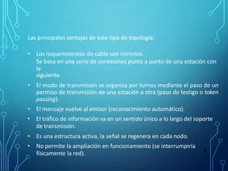 Las principales ventajas de este tipo de topología:
• Los requerimientos de cable son mínimos.
Se basa en una serie de conexiones punto a punto de una estación con
la
siguiente.
• El modo de transmisión se organiza por turnos mediante el paso de un
permiso de transmisión de una estación a otra (paso de testigo o token
passing).
• El mensaje vuelve al emisor (reconocimiento automático).
• El tráfico de información va en un sentido único a lo largo del soporte
de transmisión.
• Es una estructura activa, la señal se regenera en cada nodo.
• No permite la ampliación en funcionamiento (se interrumpiría
físicamente la red). 5
 